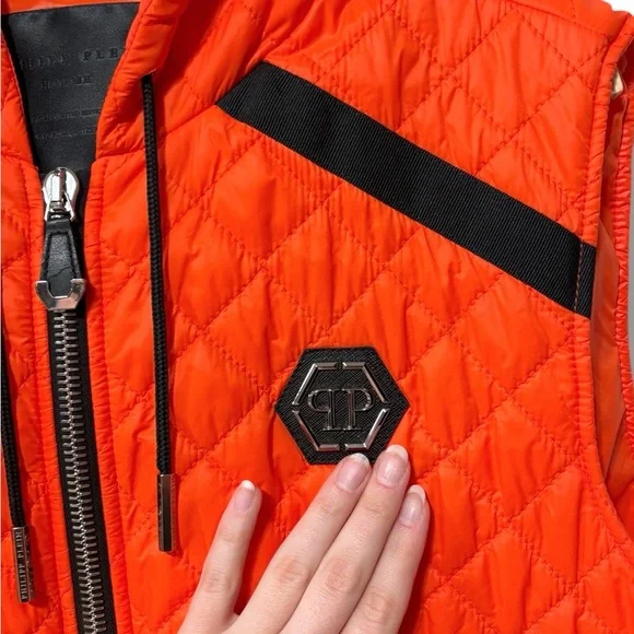 Philipp Plein Orange Quilted Gilet Puffer Vest with Black Details Size Large - Picture 8 of 12